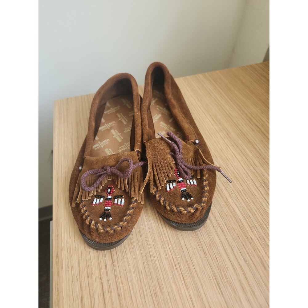 Minnetonka Women's Brown Suede & Leather Beaded Moccasin Loafers Size 8.5